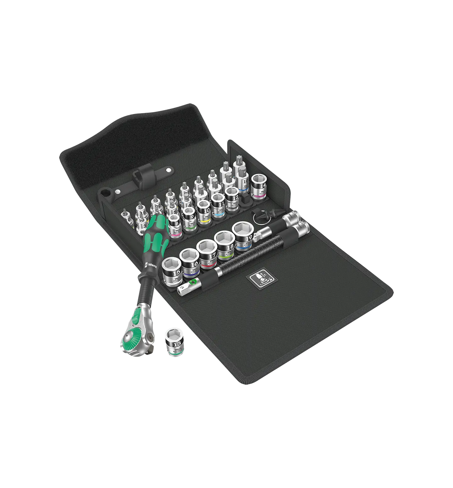 Fullt utsnitt av 8100 SB All-in Zyklop Speed Skrallesett 3/8" 35 deler (produktet) fremstilt på en transparent bakgrunn