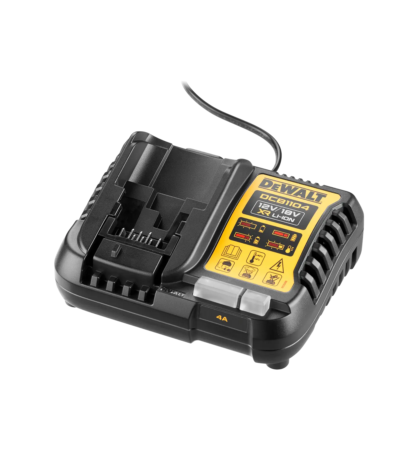 Fullt utsnitt av DCB1104 Multilader 18V/12V XR Enkel (produktet) fremstilt på en transparent bakgrunn