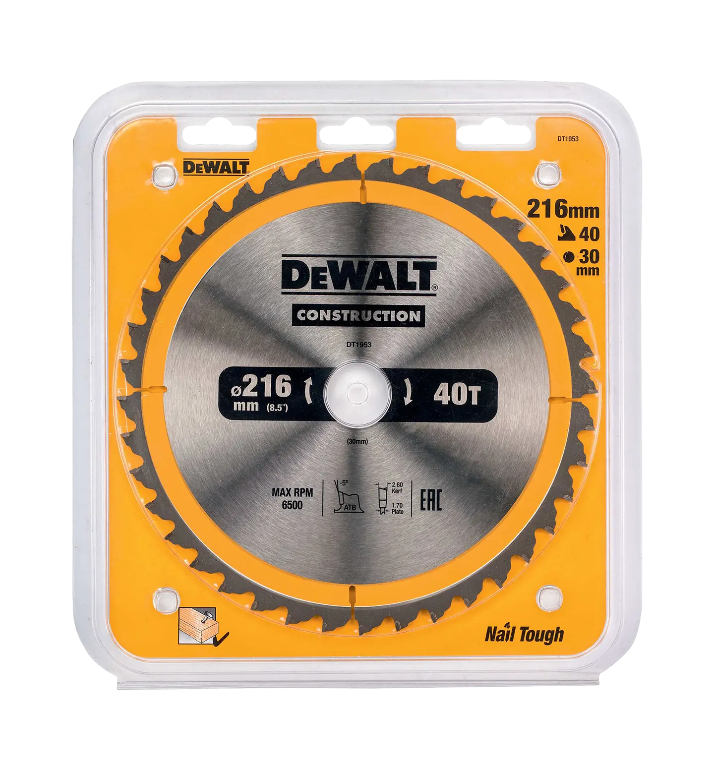 Detaljer på DT1953 Construction Sagblad 216x30mm 40T (produktet) fremstilt på en transparent bakgrunn