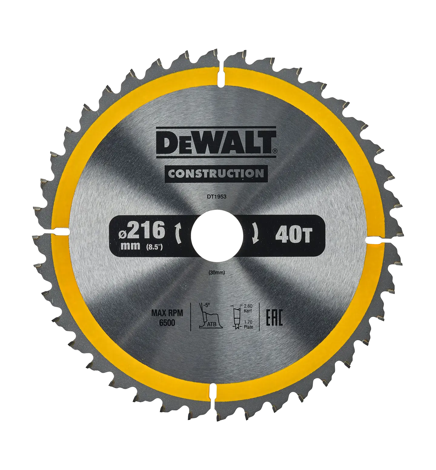 Fullt utsnitt av DT1953 Construction Sagblad 216x30mm 40T (produktet) fremstilt på en transparent bakgrunn