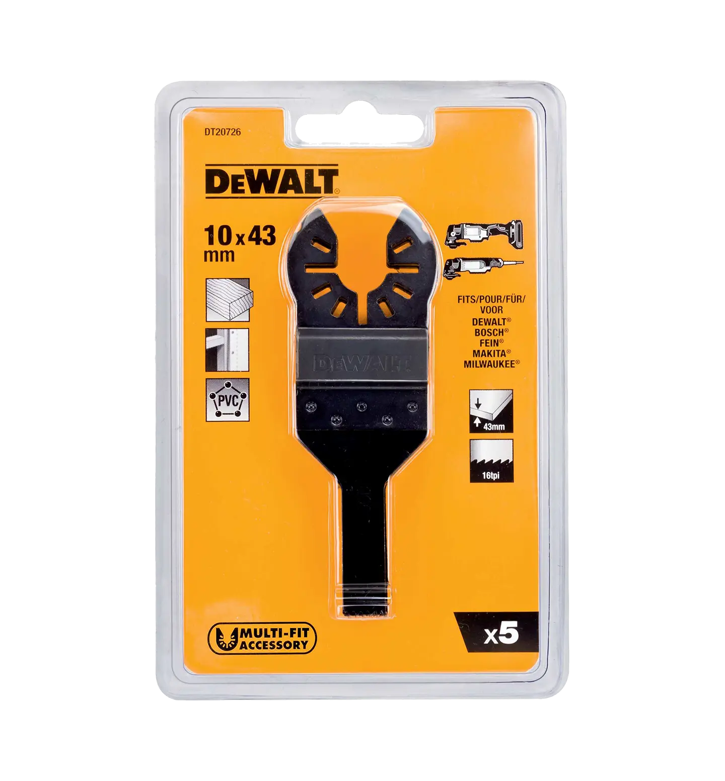 Detaljer på DT20726 Sagbladsett for multiverktøy Detaljsaging i treverk 43x10mm 5stk (produktet) fremstilt på en transparent bakgrunn