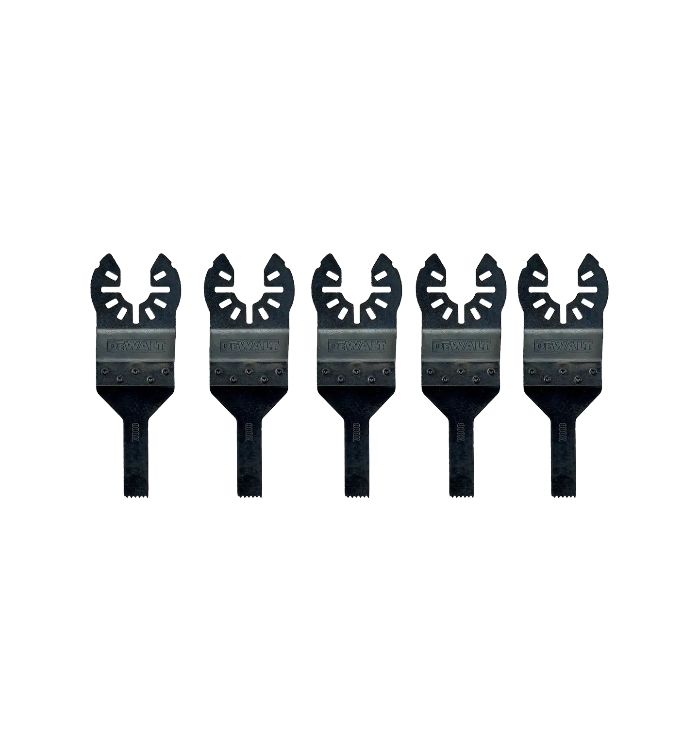 Fullt utsnitt av DT20726 Sagbladsett for multiverktøy Detaljsaging i treverk 43x10mm 5stk (produktet) fremstilt på en transparent bakgrunn