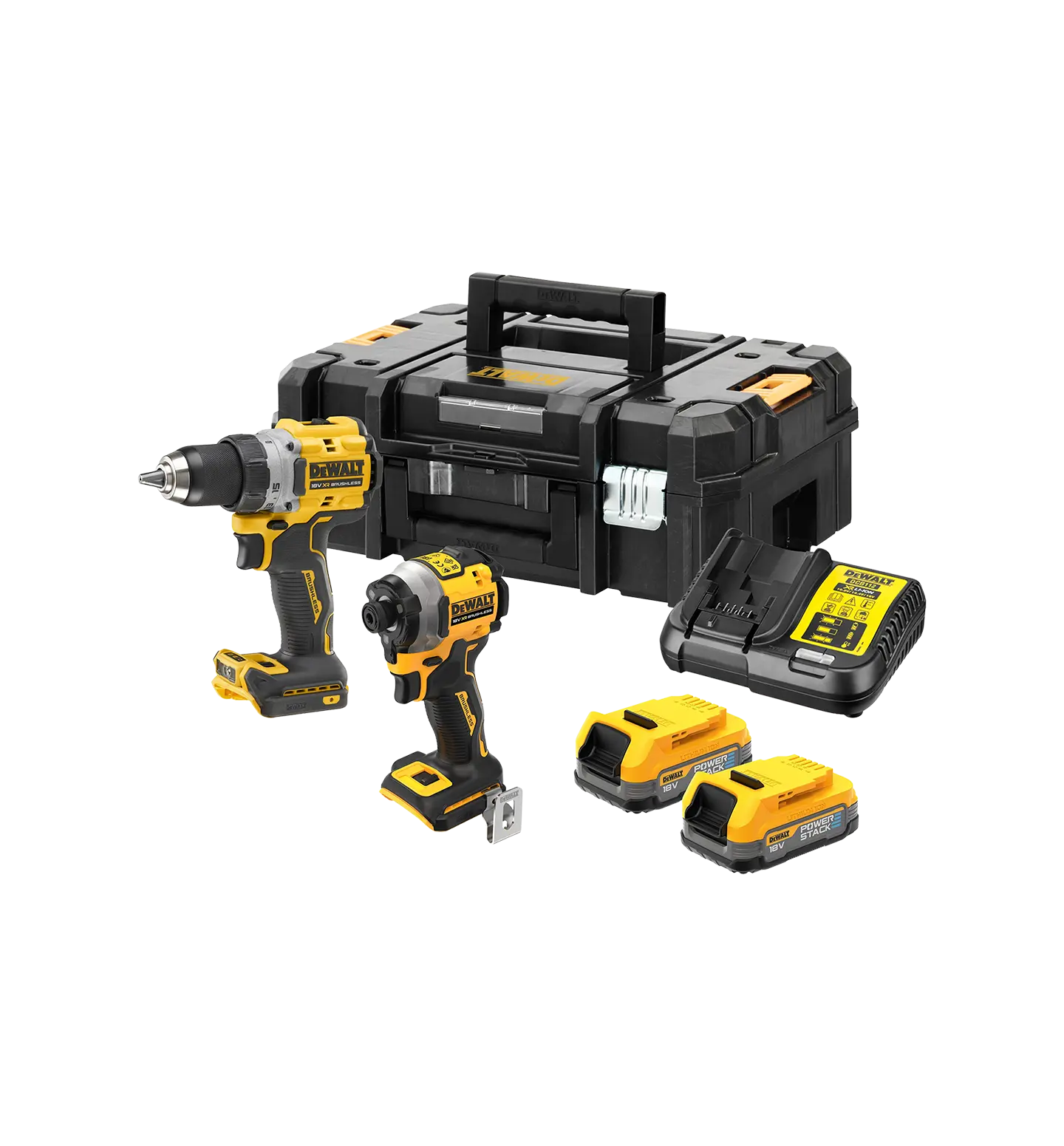 Fullt utsnitt av DCK2051 Verktøysett Kombidrill & Slagtrekker 18V Powerstack 2stk 2Ah-batterier & lader (produktet) fremstilt på en transparent bakgrunn