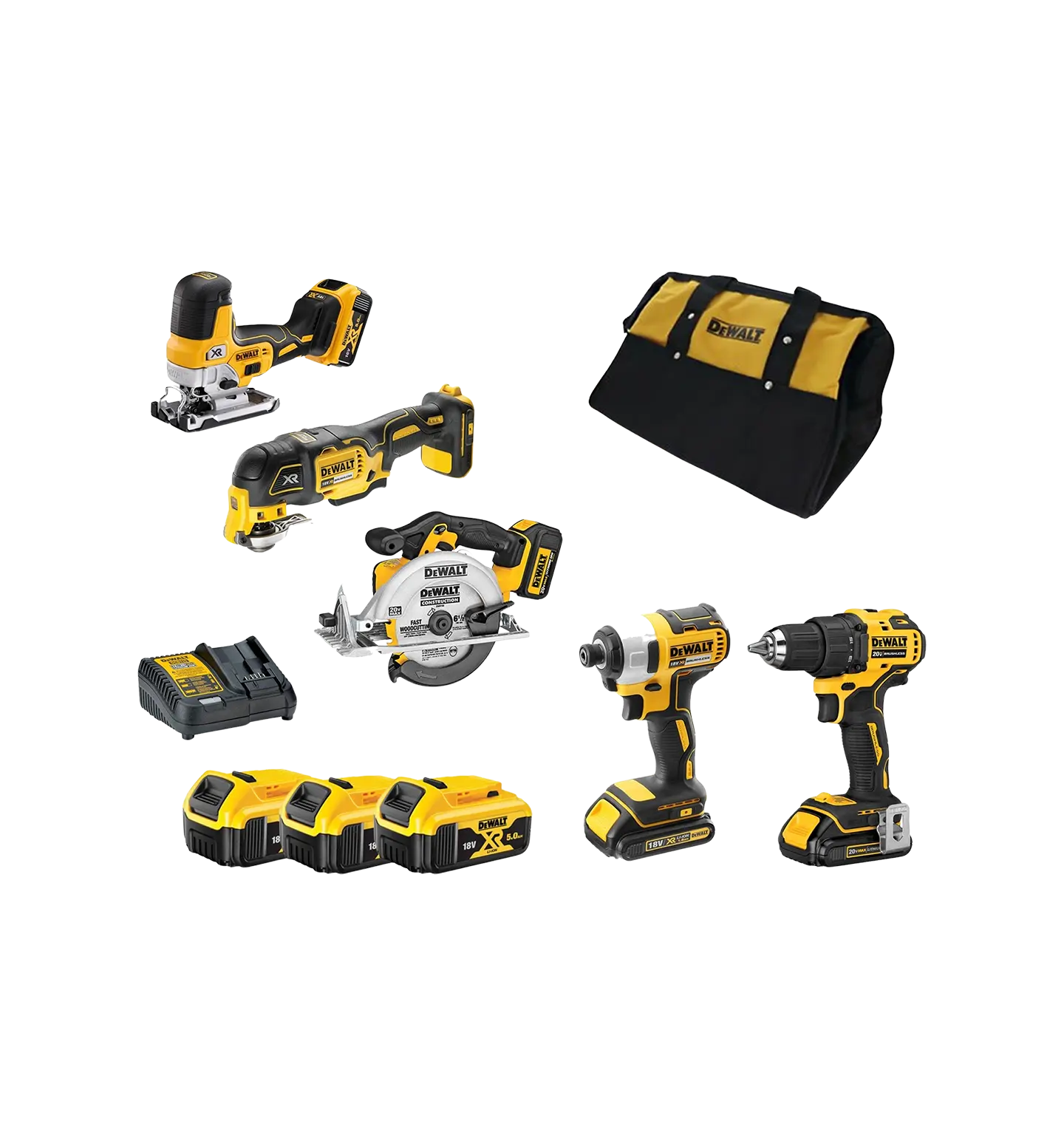Fullt utsnitt av DCK555 Verktøysett 18V XR 5stk Verktøy 3stk 5Ah-batterier & lader (produktet) fremstilt på en transparent bakgrunn